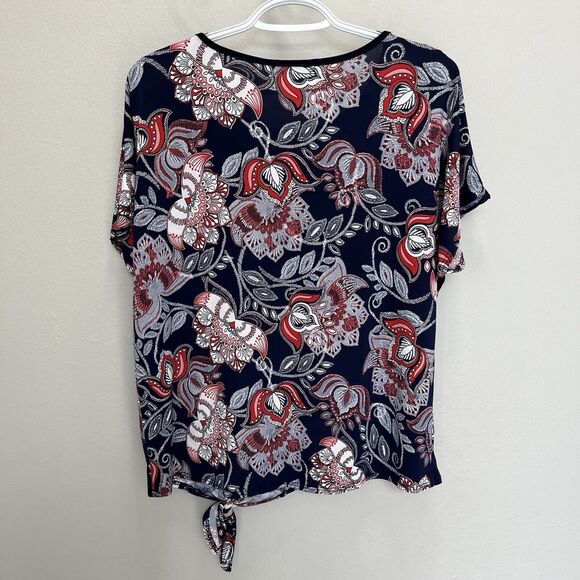 Rue Juju | Blue Red Textured Floral Tie Waist Stretchy Short Sleeve Top Petite M - Picture 5 of 5